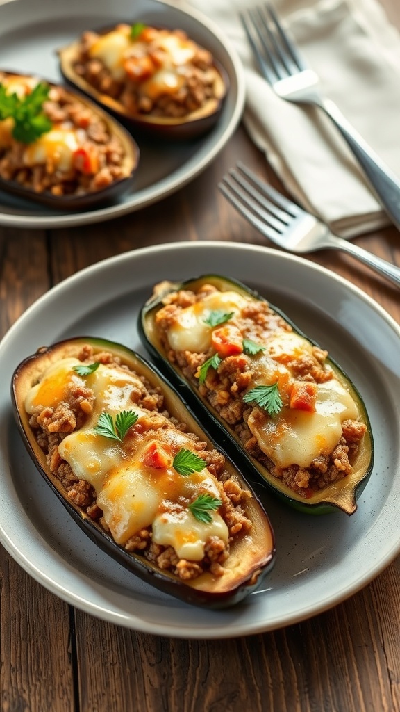 Stuffed eggplant halves filled with ground meat and cheese, garnished with parsley, on a rustic table.